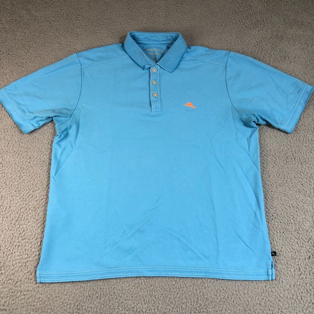 Tommy Bahama Shirt Men Medium Blue Polo IslandZone Performance Solid Marlin Fish